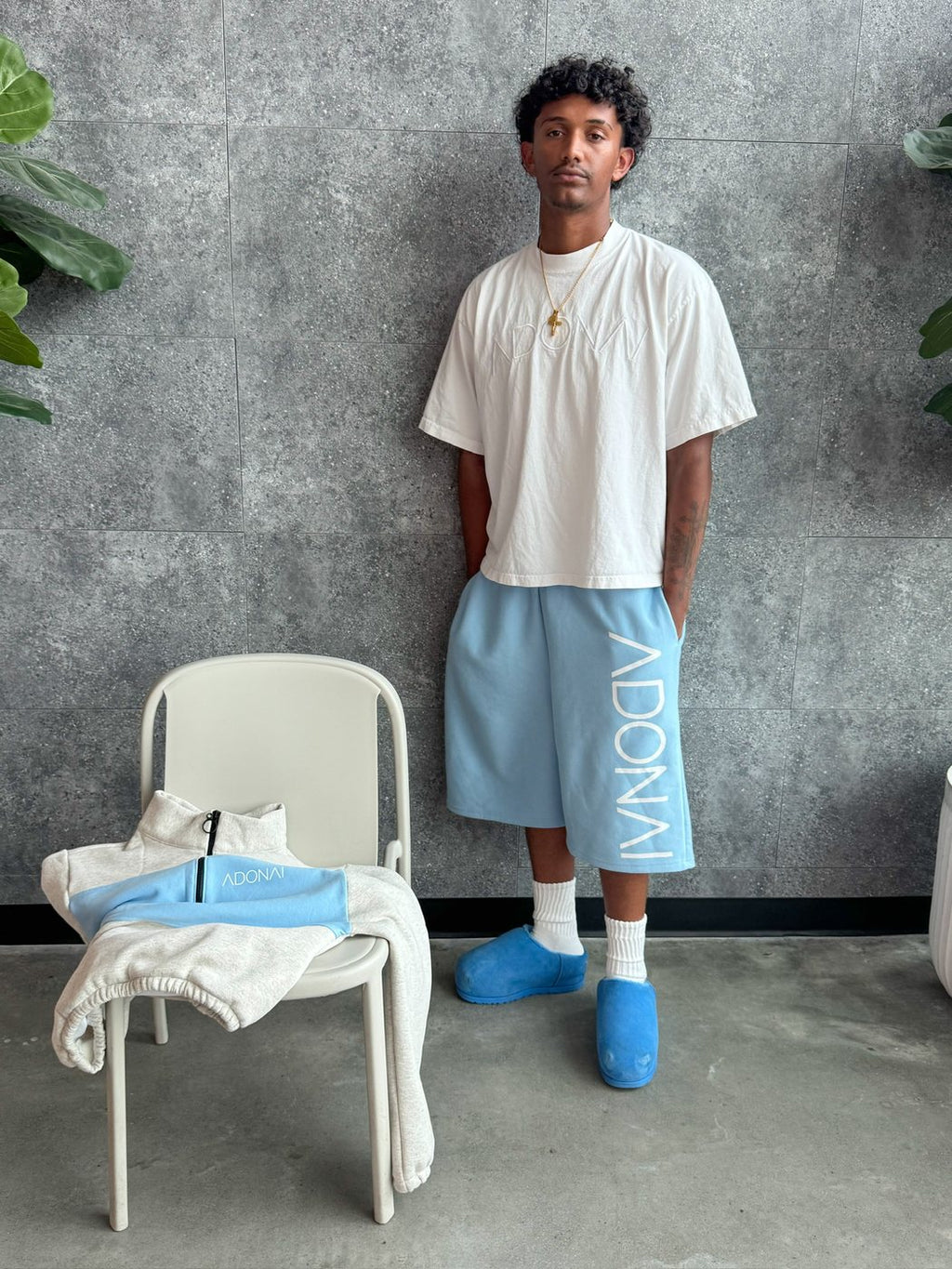 Carolina Blue Oversized Capri Shorts — on model